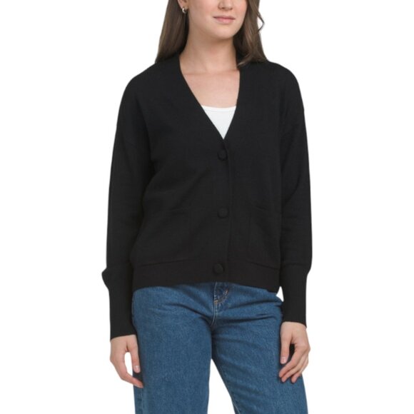 TAHARI Extrafine Merino Wool V-neck Ribbed Cardigan - Picture 1 of 2